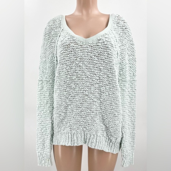 Free People Seafoam Mint Nubby Knit Songbird V-Neck Pullover Sweater Size Small - Picture 2 of 12